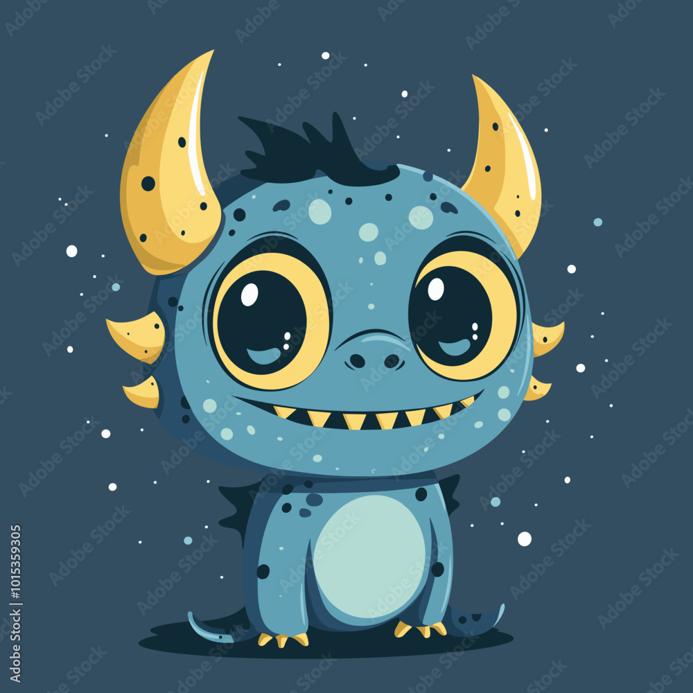 Fototapeta premium A cartoon monster with big eyes and a big smile. The monster is blue and yellow. The monster is happy and smiling