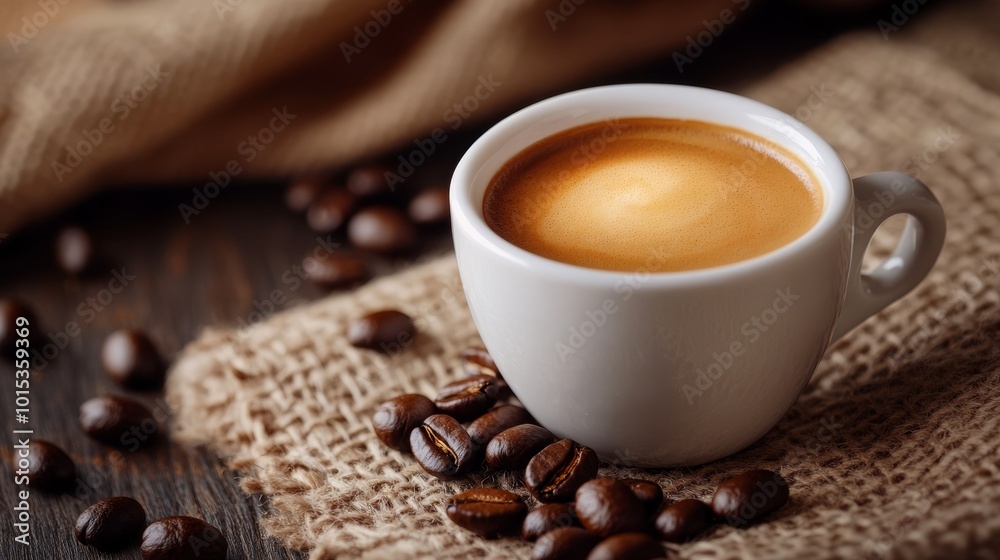 Coffee background. Сoffee cup with beans in cozy interior Coffee background. Сoffee cup with beans in cozy interior
