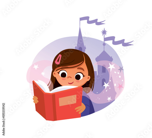 Little girl is reading an exciting book, a fairy tale, a story, adventures, fantasy, siting a the table with a fabulous image in the background. Read book with curiosity and fascination