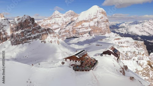 Aerial panorama of mountain lodge on top of Dolomites Cortina D'ampezzo Lagazuoi