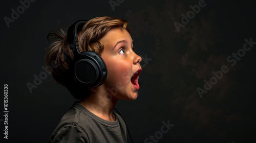 A young boy wearing headphones with his mouth open and tongue out photo