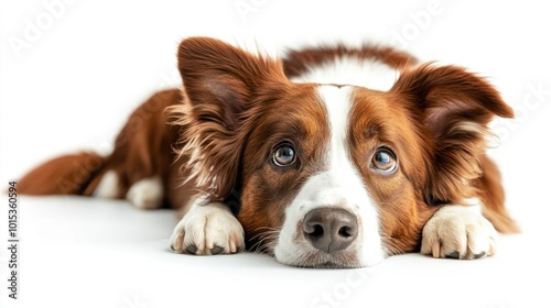 Brown and white border collie dog lying down with a sad expression, looking up with large expressive eyes, isolated on a white background