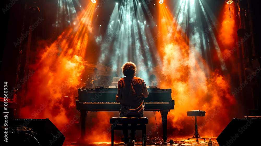 A man sitting at a piano in front of a stage with bright lights A man sitting at a piano in front of a stage with bright lights