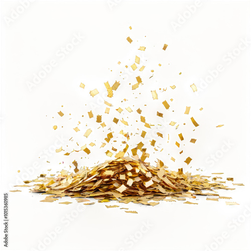 Golden confetti spills across a white surface, creating a festive and vibrant...