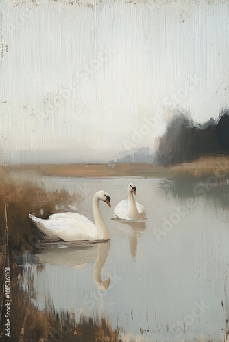swans on lake, oil painting style, painted on canvas, moody landscape