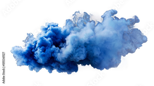 Dense blue smoke cloud billowing upward against a white backdrop in a structu...