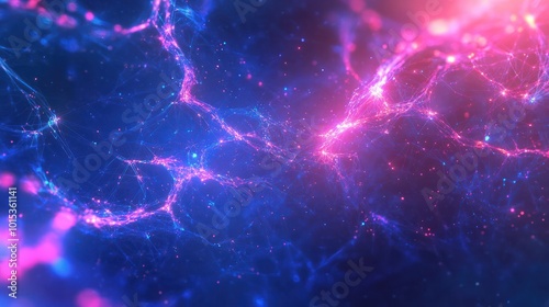 Vibrant abstract image of a digital network with glowing connections on a blue-purple background.