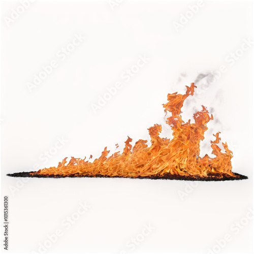 Intense flames rising from burning black material on a neutral background
