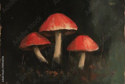 three red mushrooms, wall art painting style