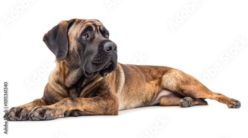 Large brindle mastiff dog lying down with a calm and attentive expression, head turned slightly to the side, isolated on a white background