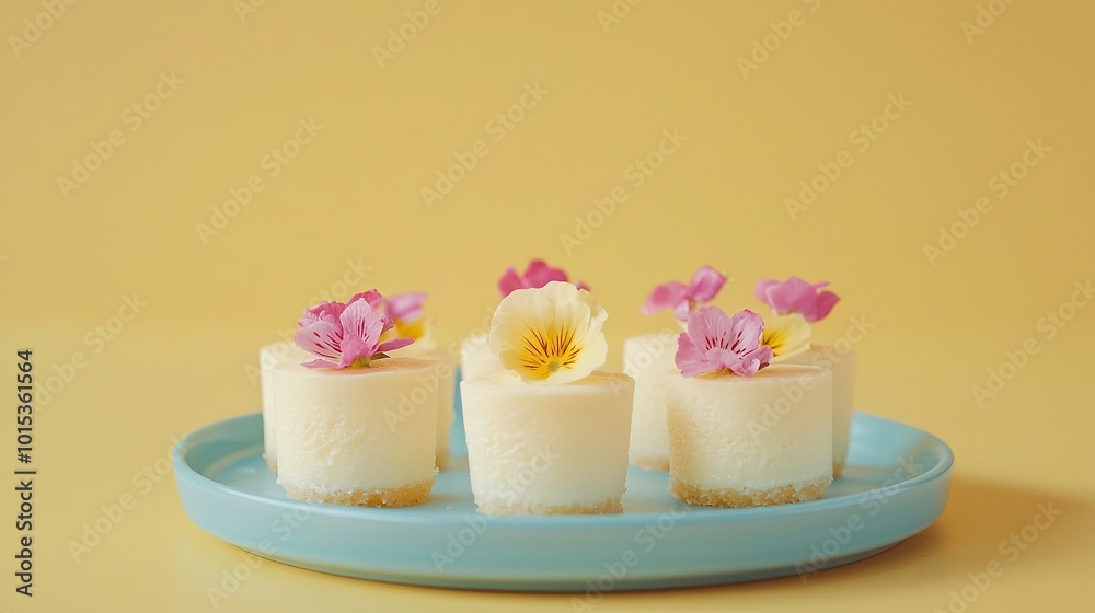 Blue plate with three cakes, white frosting, pink, and yellow flowers Blue plate with three cakes, white frosting, pink, and yellow flowers