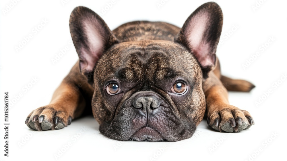 Brindle French bulldog lying down with a sad expression, ears perked up, and big round eyes, isolated on a white background Brindle French bulldog lying down with a sad expression, ears perked up, and big round eyes, isolated on a white background