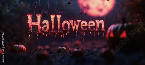 The text "Halloween" written in eerie, dripping letters, illuminated by a crimson moon