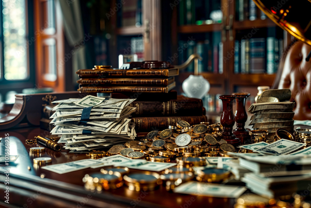 A desk with a bunch of money on top of it A desk with a bunch of money on top of it