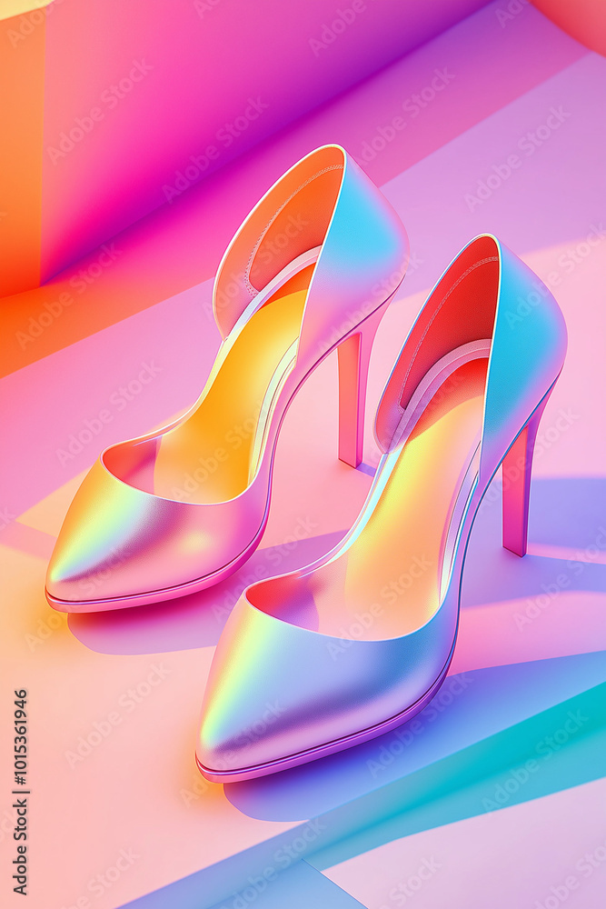 A pair of iridescent high heels with a pointed toe on a pink background. A pair of iridescent high heels with a pointed toe on a pink background.
