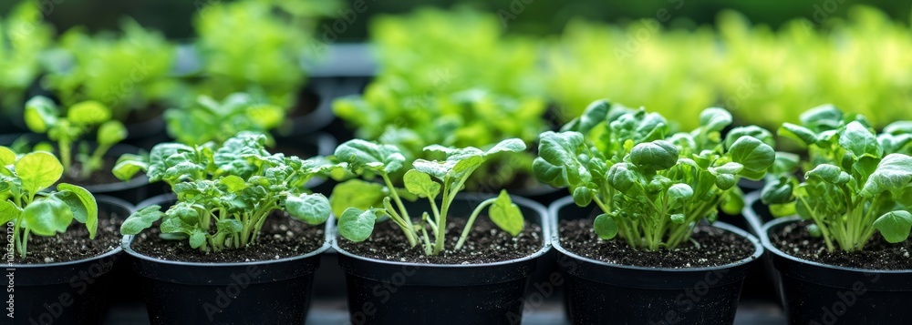 Pots with various vegetables flowers seedlings garden composition background Pots with various vegetables flowers seedlings garden composition background