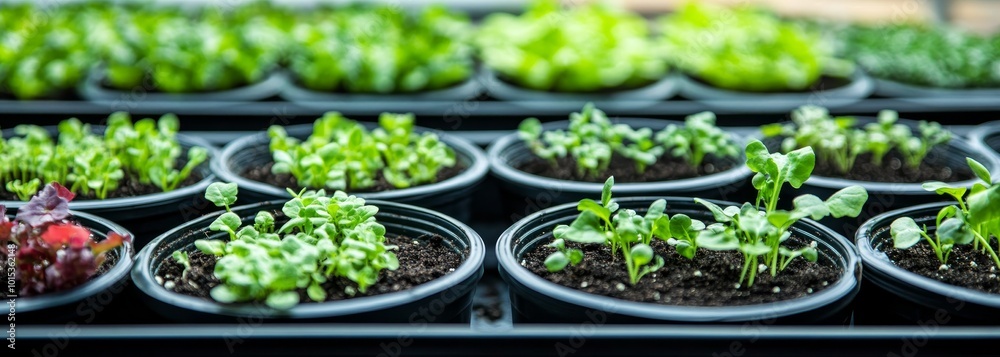 Pots with various vegetables flowers seedlings garden composition background Pots with various vegetables flowers seedlings garden composition background