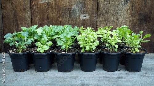 Pots with various vegetables flowers seedlings garden composition background