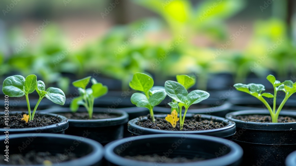 Pots with various vegetables flowers seedlings garden composition background Pots with various vegetables flowers seedlings garden composition background