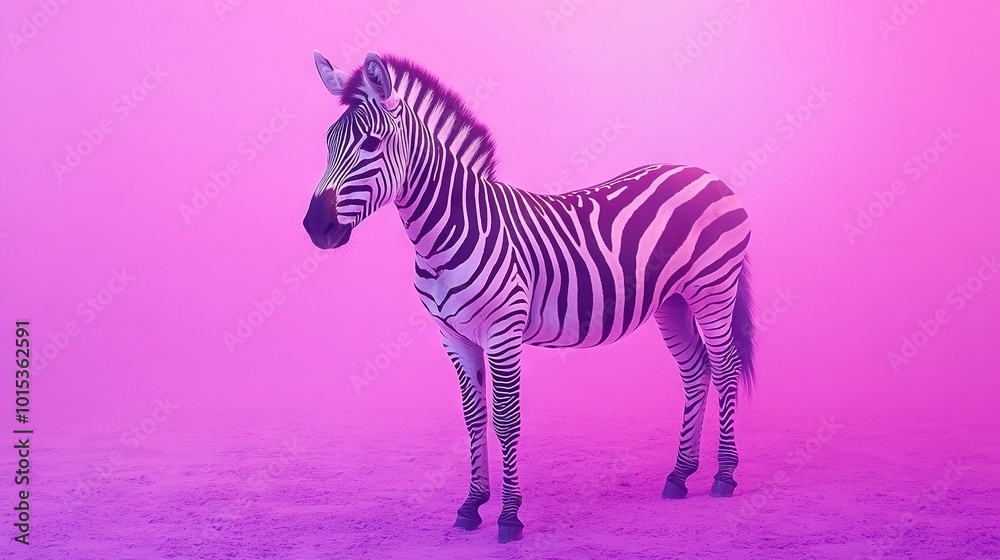 A lone zebra stands amidst a pastel haze, turning its head to the side A lone zebra stands amidst a pastel haze, turning its head to the side