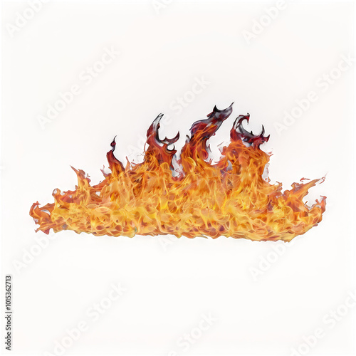 Intense flames rising from burning black material on a neutral background