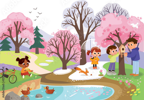 Arrival of spring. Early spring. Sakura blossoming. Taking Care of Nature. Change of four seasons concept. Four times of year in one picture  Spring, summer, fall and winter various seasons vector