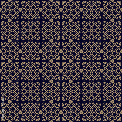 Black and gold geometric seamless pattern with medieval motifs. Abstract vector ornament texture in gothic style. Golden background with cross shapes, floral silhouettes, linear grid. Repeated design