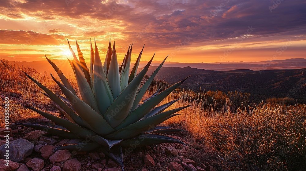 Sunset over a desert landscape with agave plant. Sunset over a desert landscape with agave plant.