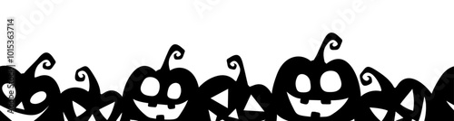 Halloween horizontal seamless border with black jack-o’-lantern silhouettes on a white background. Vector illustration