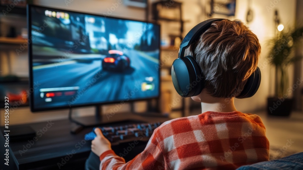 Young Gamer Immersed in a Racing Game Young Gamer Immersed in a Racing Game
