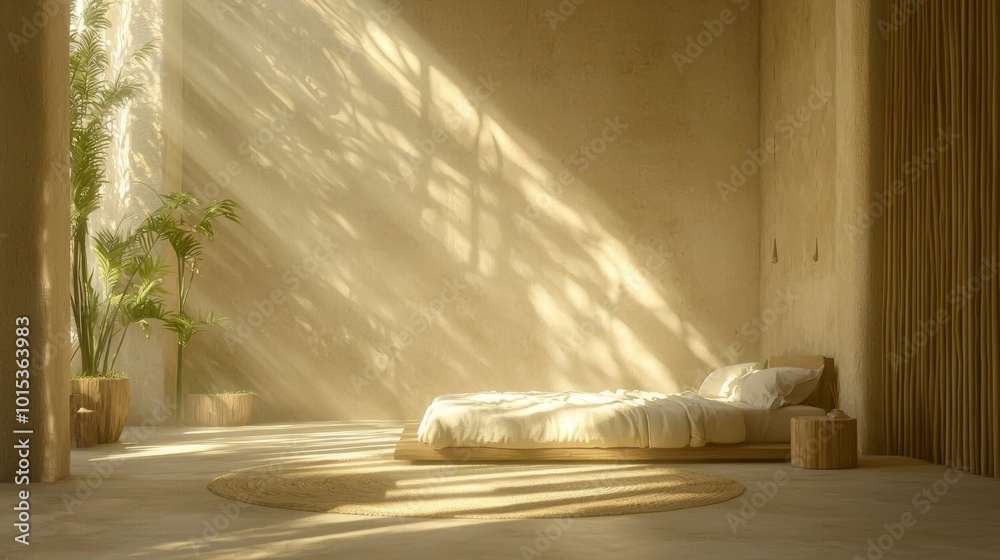Serene Feng Shui Bedroom Design with Ray Tracing showcasing Natural Materials and Tranquil Art | Zen Bedroom Interior Concept Art Serene Feng Shui Bedroom Design with Ray Tracing showcasing Natural Materials and Tranquil Art | Zen Bedroom Interior Concept Art