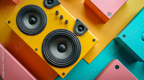 A pair of speakers sitting on top of a colorful wall
