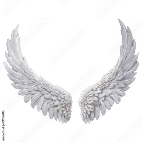A striking white wing sculpture features numerous detailed feathers