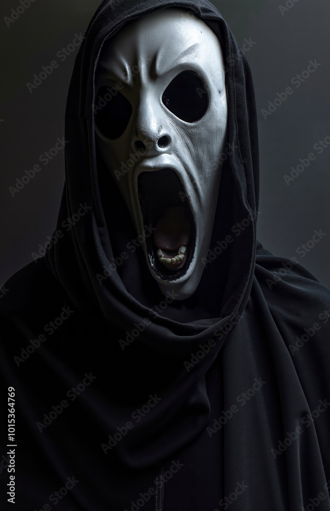 A person wearing a black hooded sweatshirt with a white mask on their face A person wearing a black hooded sweatshirt with a white mask on their face