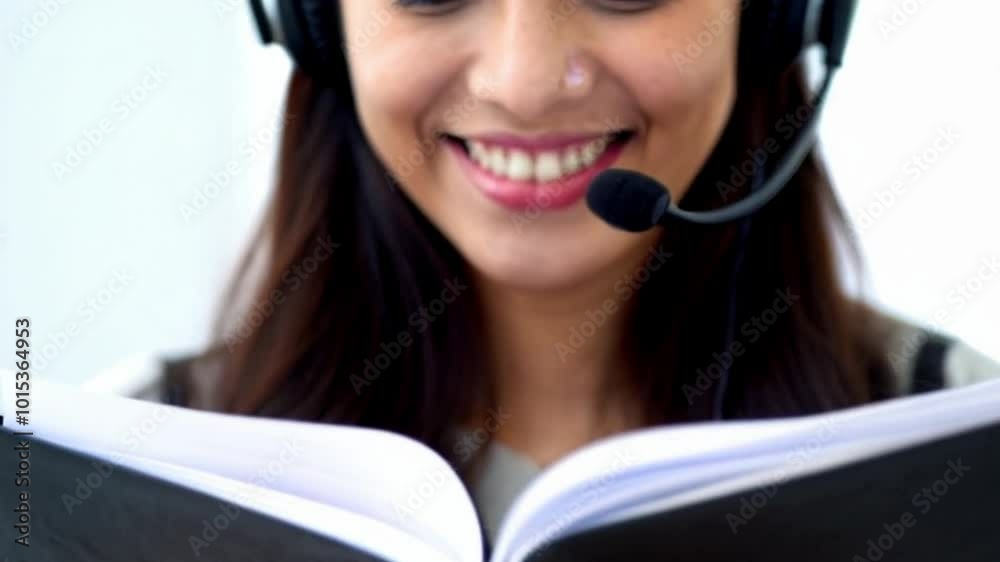 close-up of customer service representative with headset and notes ready to assist or customer service representative smiling with headset looking at notes prepared to help close-up of customer service representative with headset and notes ready to assist or customer service representative smiling with headset looking at notes prepared to help