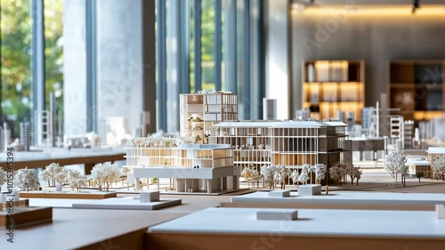 A detailed model of a city sits on a table in a bright, modern office, showcasing a potential development plan