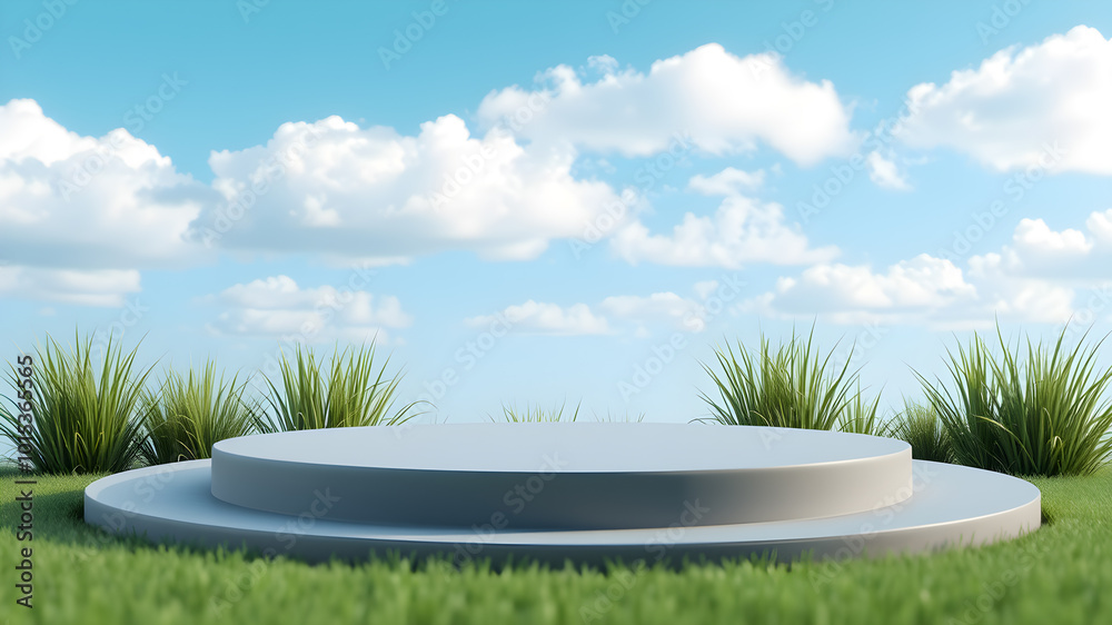 Fototapeta premium 3d minimal podium made of grass with blue sky in the background. Generative AI