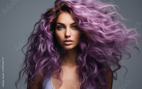 Wallpaper Mural A woman with purple hair is standing in front of a grey background. The hair is long and curly, and the woman has a pretty smile on her face. Scene is cheerful and positive Torontodigital.ca