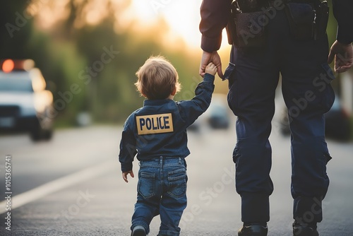 police officer holding hands with child giving him support, protection and safety