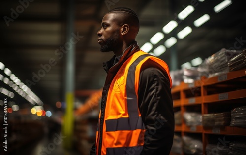 A man in an orange safety vest stands in a warehouse. The warehouse is dimly lit, and the man is the only person visible