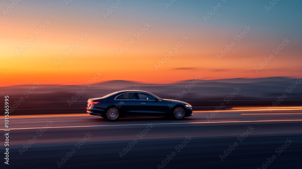 A blue sports sedan races along a highway at dusk, showcasing its aerodynamic design. The motion blur emphasizes speed, with a smooth road and an expansive landscape in the background A blue sports sedan races along a highway at dusk, showcasing its aerodynamic design. The motion blur emphasizes speed, with a smooth road and an expansive landscape in the background