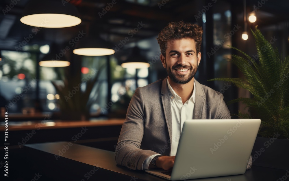 A man is sitting at a table with a laptop in front of him. He is smiling and he is enjoying himself A man is sitting at a table with a laptop in front of him. He is smiling and he is enjoying himself