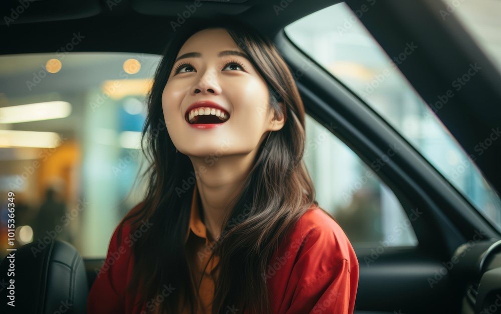 A woman with long hair is smiling and laughing in a car. She is wearing a red shirt and red lipstick A woman with long hair is smiling and laughing in a car. She is wearing a red shirt and red lipstick
