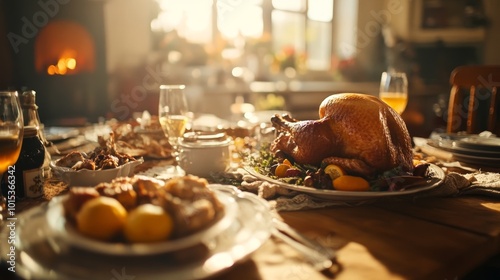 Thanksgiving dinner with turkey roasted dish composition background