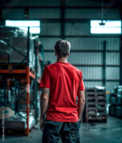 A man in a red shirt standing in a warehouse