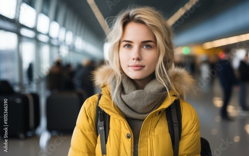 A woman wearing a yellow jacket and scarf stands in a busy airport terminal. She is smiling and looking at the camera