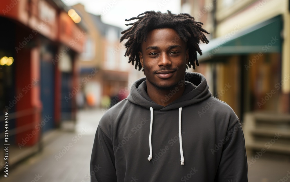Fototapeta premium A young man with dreadlocks stands on a sidewalk in front of a building. He is wearing a black hoodie and a white bandana