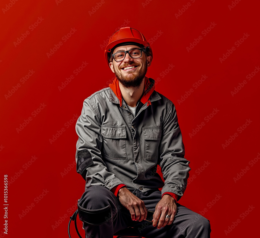 Fototapeta premium A man wearing a hard hat and glasses sitting on a stool