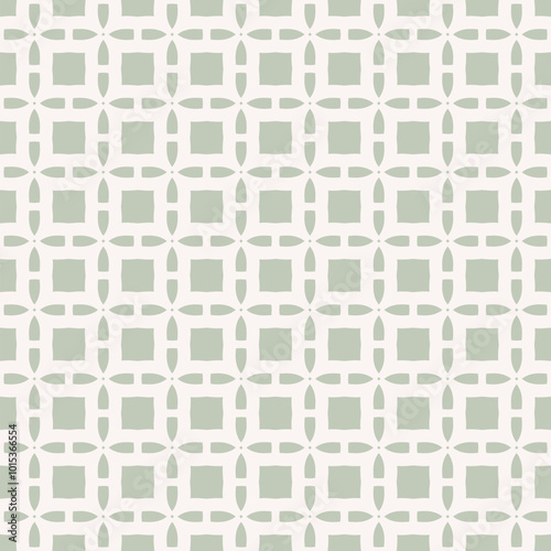 Vector grid ornament. Abstract sage green and white geometric seamless pattern with lattice, square shapes, flower silhouettes, lattice, repeat tiles. Simple minimal background texture. Geo design