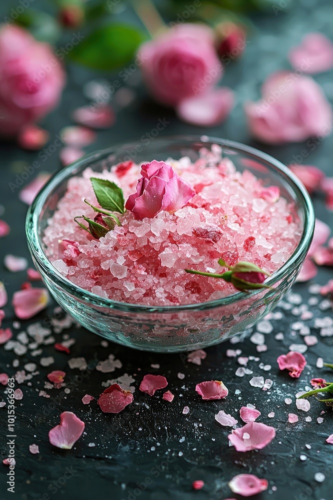 bath salt with rose scent. Selective focus bath salt with rose scent. Selective focus